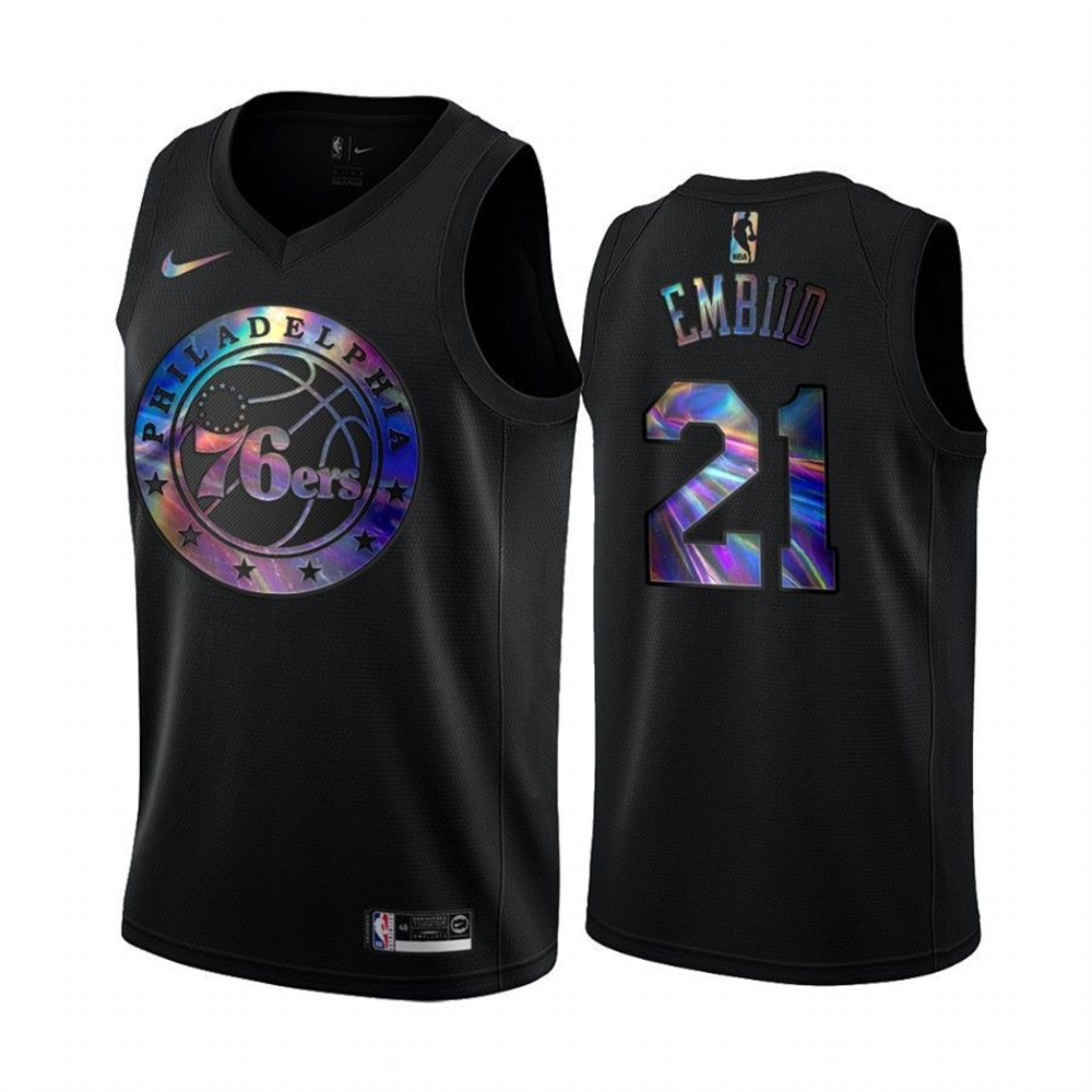 Nike 76ers #21 Joel Embiid Men's Iridescent Holographic Collection NBA Jersey - Black Nike 76ers #21 Joel Embiid Men's Iridescent Holographic Collection NBA Jersey - Black