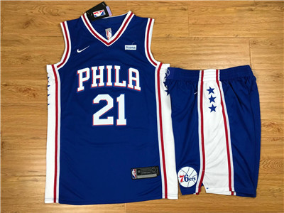 Nike 76ers #21 Joel Embiid Blue Swingman Jersey(With Shorts)