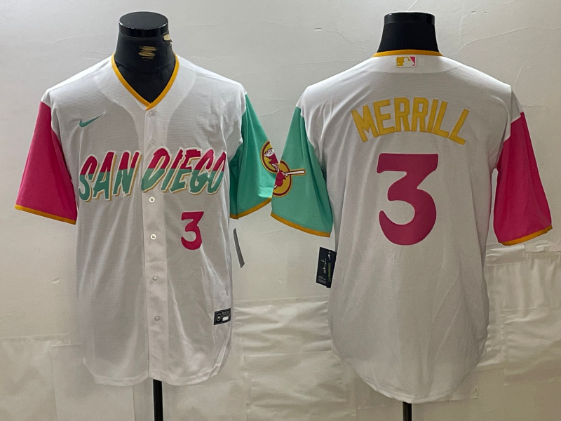 Men's San Diego Padres #3 Jackson Merrill White City Connect Cool Base Stitched Baseball Jersey 1 Men's San Diego Padres #3 Jackson Merrill White City Connect Cool Base Stitched Baseball Jersey 1