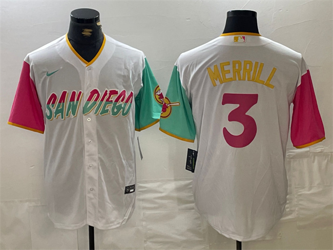 Men's San Diego Padres #3 Jackson Merrill White City Connect Cool Base Stitched Baseball Jersey Men's San Diego Padres #3 Jackson Merrill White City Connect Cool Base Stitched Baseball Jersey