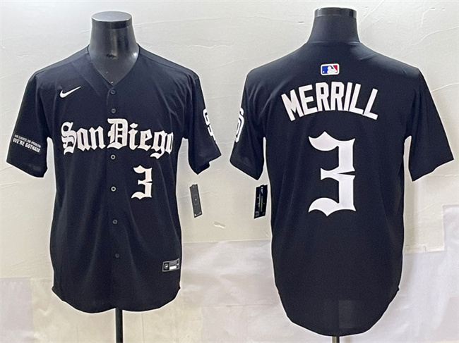 Men's San Diego Padres #3 Jackson Merrill Black Gothic Edition Vapor Limited Stitched Baseball Jersey Men's San Diego Padres #3 Jackson Merrill Black Gothic Edition Vapor Limited Stitched Baseball Jersey