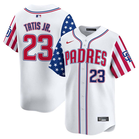 Men's San Diego Padres #23 Fernando Tatis Jr. White 2025 Independence Day Vapor Premier Limited Stitched Baseball Jersey Men's San Diego Padres #23 Fernando Tatis Jr. White 2025 Independence Day Vapor Premier Limited Stitched Baseball Jersey
