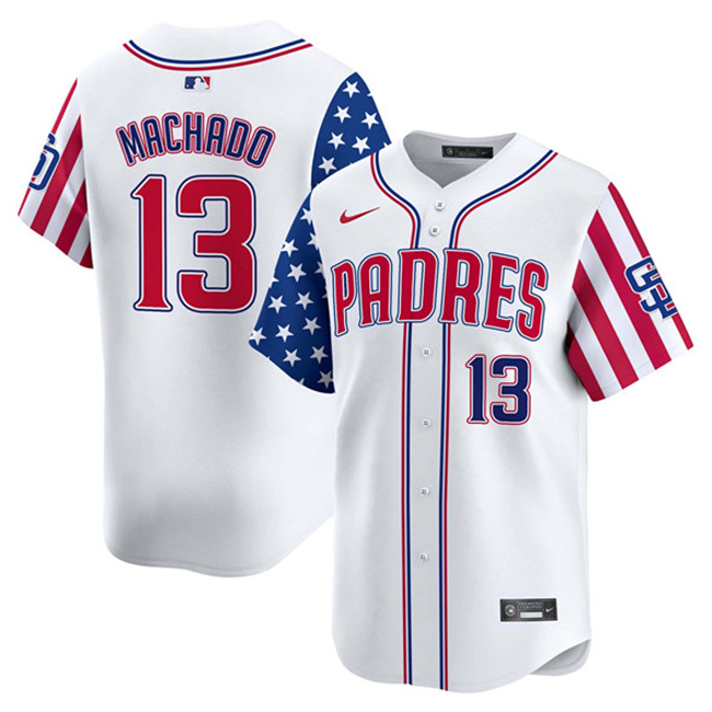 Men's San Diego Padres #13 Manny Machado White 2025 Independence Day Vapor Premier Limited Stitched Baseball Jersey Men's San Diego Padres #13 Manny Machado White 2025 Independence Day Vapor Premier Limited Stitched Baseball Jersey