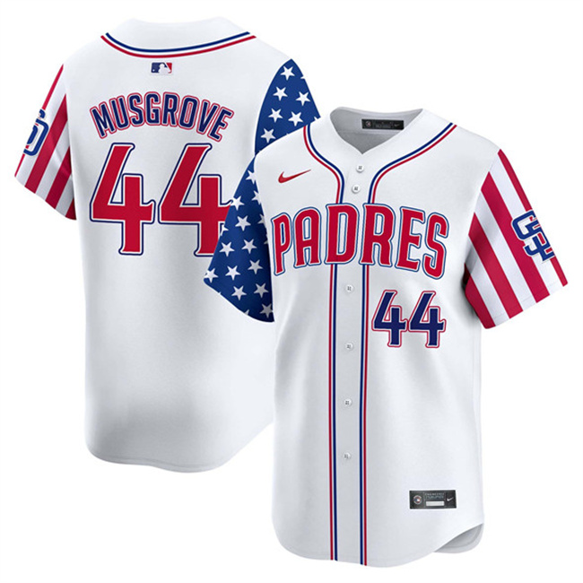 Men's San Diego Padres #44 Joe Musgrove White 2025 Independence Day Vapor Premier Limited Stitched Baseball Jersey Men's San Diego Padres #44 Joe Musgrove White 2025 Independence Day Vapor Premier Limited Stitched Baseball Jersey