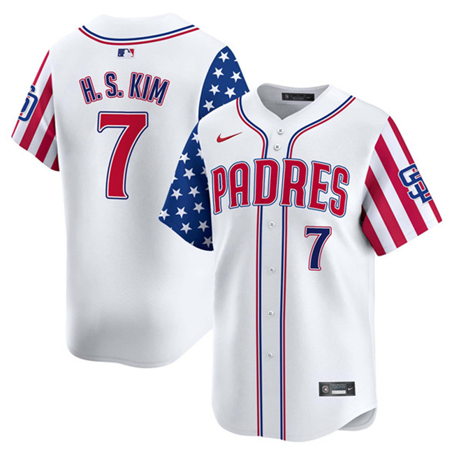 Men's San Diego Padres #7 Ha-Seong Kim White 2025 Independence Day Vapor Premier Limited Stitched Baseball Jersey Men's San Diego Padres #7 Ha-Seong Kim White 2025 Independence Day Vapor Premier Limited Stitched Baseball Jersey