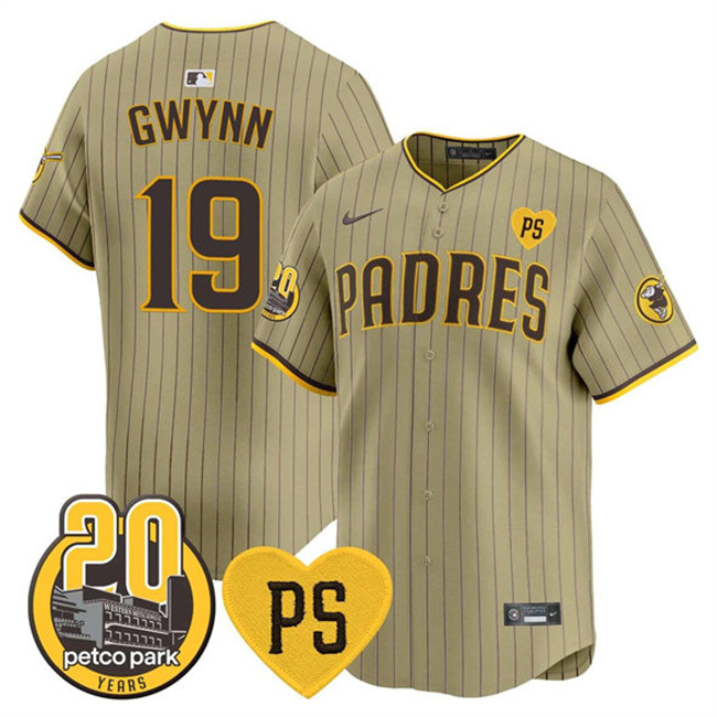 Men's San Diego Padres #23 Fernando Tatis Jr. Tan 'For Peter' And Petco Park 20th Patch Limited Stitched Baseball Jersey Men's San Diego Padres #23 Fernando Tatis Jr. Tan 'For Peter' And Petco Park 20th Patch Limited Stitched Baseball Jersey