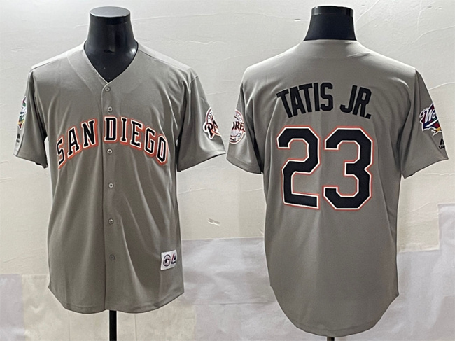 Men's San Diego Padres #23 Fernando Tatis Jr. Grey Fashion Throwback With Patch Cool Base Stitched Jersey Men's San Diego Padres #23 Fernando Tatis Jr. Grey Fashion Throwback With Patch Cool Base Stitched Jersey