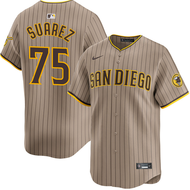 Men's San Diego Padres #75 Robert Suarez Tan 2024 Alternate Limited Stitched Baseball Jersey Men's San Diego Padres #75 Robert Suarez Tan 2024 Alternate Limited Stitched Baseball Jersey