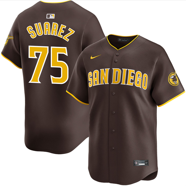 Men's San Diego Padres #75 Robert Suarez Brown 2024 Away Limited Stitched Baseball Jersey Men's San Diego Padres #75 Robert Suarez Brown 2024 Away Limited Stitched Baseball Jersey