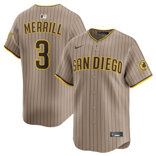 Men's San Diego Padres #3 Jackson Merrill Tan 2024 Alternate Limited Stitched Baseball Jersey Men's San Diego Padres #3 Jackson Merrill Tan 2024 Alternate Limited Stitched Baseball Jersey