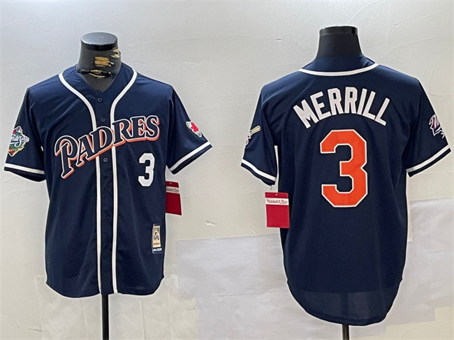 Men's San Diego Padres #3 Jackson Merrill Navy 1998 World Series Cool Base Stitched Baseball Jersey Men's San Diego Padres #3 Jackson Merrill Navy 1998 World Series Cool Base Stitched Baseball Jersey