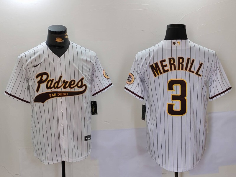 Men's San Diego Padres #3 Jackson Merrill White Cool Base Stitched Baseball Jersey 023