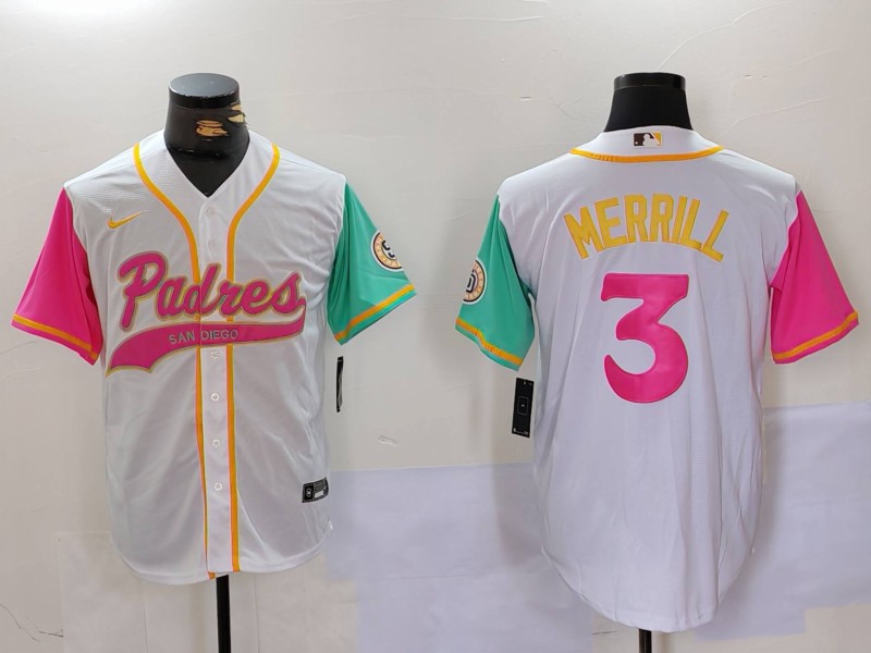 Men's San Diego Padres #3 Jackson Merrill White Cool Base Stitched Baseball Jersey 022 Men's San Diego Padres #3 Jackson Merrill White Cool Base Stitched Baseball Jersey 022