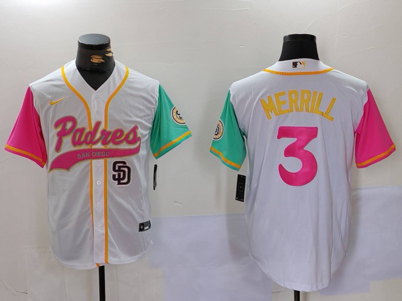Men's San Diego Padres #3 Jackson Merrill white Cool Base Stitched Baseball Jersey 015 Men's San Diego Padres #3 Jackson Merrill white Cool Base Stitched Baseball Jersey 015