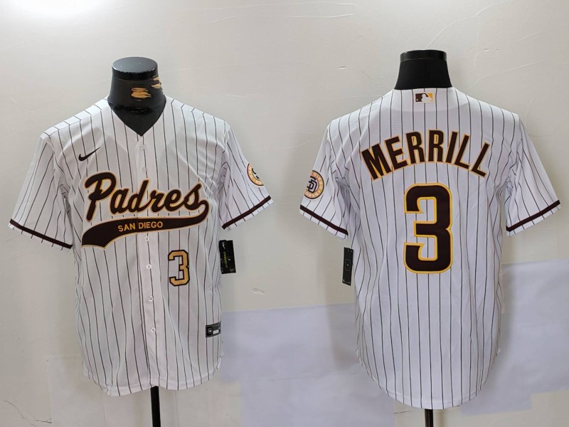Men's San Diego Padres #3 Jackson Merrill white Cool Base Stitched Baseball Jersey 001 Men's San Diego Padres #3 Jackson Merrill white Cool Base Stitched Baseball Jersey 001