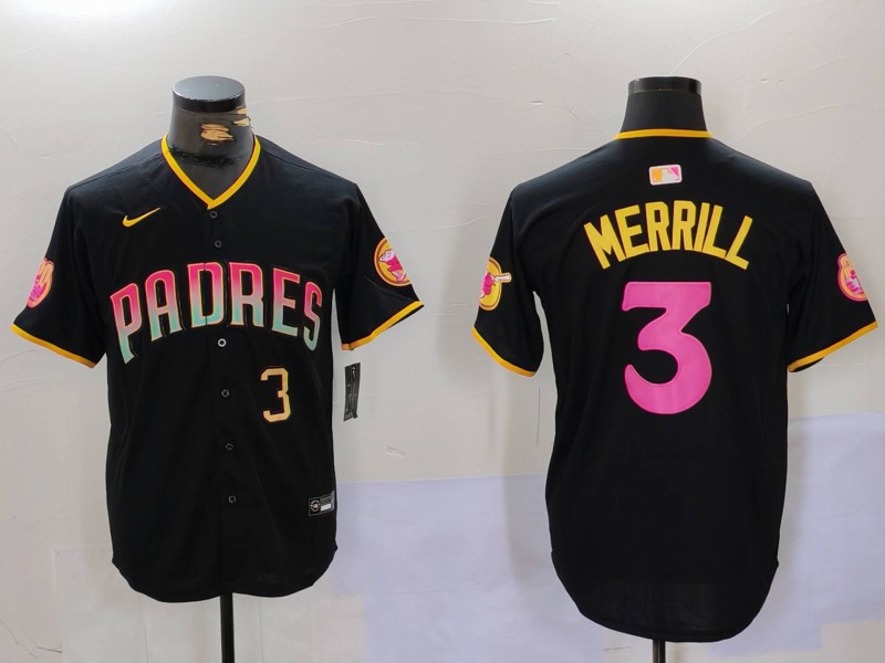 Men's San Diego Padres #3 Jackson Merrill Black Cool Base Stitched Baseball Jersey 012 Men's San Diego Padres #3 Jackson Merrill Black Cool Base Stitched Baseball Jersey 012
