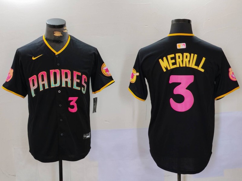 Men's San Diego Padres #3 Jackson Merrill Black Cool Base Stitched Baseball Jersey 011 Men's San Diego Padres #3 Jackson Merrill Black Cool Base Stitched Baseball Jersey 011