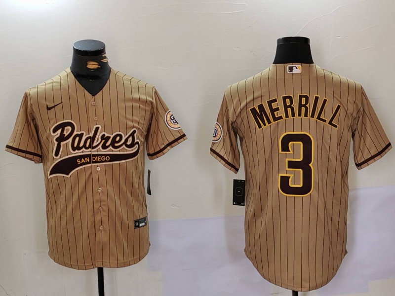 Men's San Diego Padres #3 Jackson Merrill Brown Cool Base Stitched Baseball Jersey 5 Men's San Diego Padres #3 Jackson Merrill Brown Cool Base Stitched Baseball Jersey 5