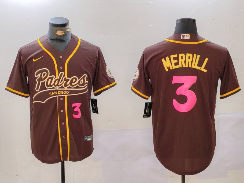 Men's San Diego Padres #3 Jackson Merrill Brown Cool Base Stitched Baseball Jersey 2 Men's San Diego Padres #3 Jackson Merrill Brown Cool Base Stitched Baseball Jersey 2