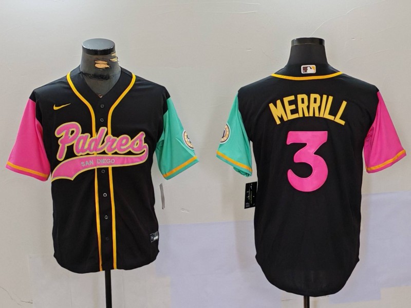 Men's San Diego Padres #3 Jackson Merrill Black Cool Base Stitched Baseball Jersey 9 Men's San Diego Padres #3 Jackson Merrill Black Cool Base Stitched Baseball Jersey 9