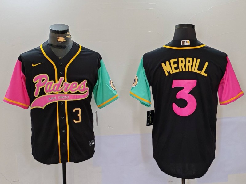 Men's San Diego Padres #3 Jackson Merrill Black Cool Base Stitched Baseball Jersey 8 Men's San Diego Padres #3 Jackson Merrill Black Cool Base Stitched Baseball Jersey 8