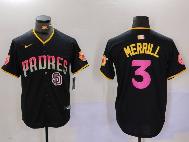 Men's San Diego Padres #3 Jackson Merrill Black Cool Base Stitched Baseball Jersey 6 Men's San Diego Padres #3 Jackson Merrill Black Cool Base Stitched Baseball Jersey 6