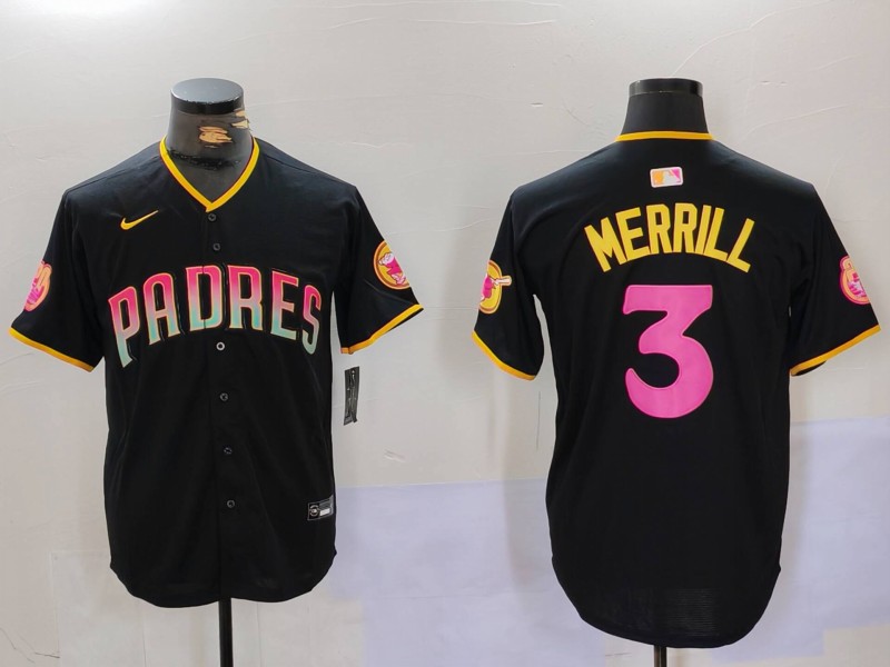 Men's San Diego Padres #3 Jackson Merrill Black Cool Base Stitched Baseball Jersey 5 Men's San Diego Padres #3 Jackson Merrill Black Cool Base Stitched Baseball Jersey 5