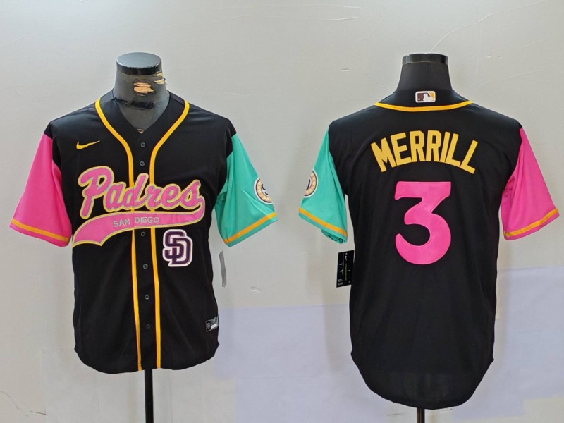 Men's San Diego Padres #3 Jackson Merrill Black Cool Base Stitched Baseball Jersey 2 Men's San Diego Padres #3 Jackson Merrill Black Cool Base Stitched Baseball Jersey 2
