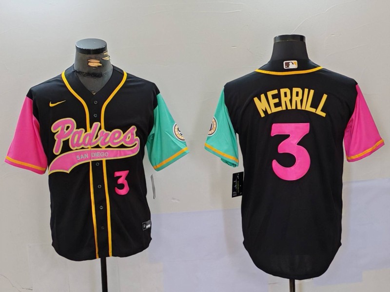 Men's San Diego Padres #3 Jackson Merrill Black Cool Base Stitched Baseball Jersey 1 Men's San Diego Padres #3 Jackson Merrill Black Cool Base Stitched Baseball Jersey 1