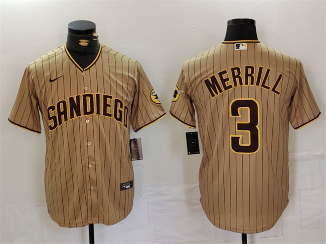 Men's San Diego Padres #3 Jackson Merrill Tan Cool Base Stitched Baseball Jersey Men's San Diego Padres #3 Jackson Merrill Tan Cool Base Stitched Baseball Jersey