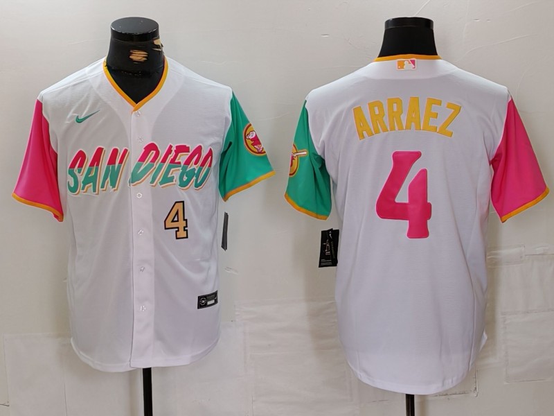Men's San Diego Padres #4 Luis Arraez White City Connect Cool Base Stitched Baseball Jersey 2 Men's San Diego Padres #4 Luis Arraez White City Connect Cool Base Stitched Baseball Jersey 2