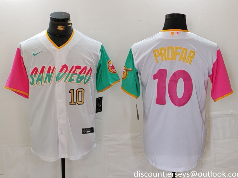 Men's San Diego Padres #10 Jurickson Profar White City Connect Cool Base Stitched Baseball Jersey 3 Men's San Diego Padres #10 Jurickson Profar White City Connect Cool Base Stitched Baseball Jersey 3