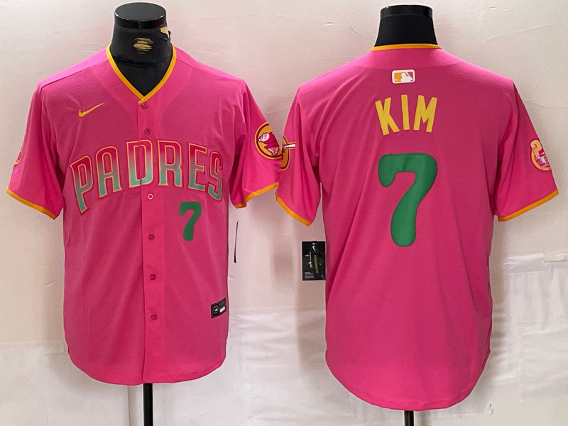 Men's San Diego Padres ##7 Ha-Seong Kim Pink Cool Base Stitched Baseball Jersey 4 Men's San Diego Padres ##7 Ha-Seong Kim Pink Cool Base Stitched Baseball Jersey 4