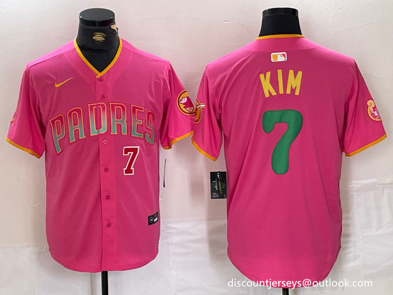 Men's San Diego Padres ##7 Ha-Seong Kim Pink Cool Base Stitched Baseball Jersey 3 Men's San Diego Padres ##7 Ha-Seong Kim Pink Cool Base Stitched Baseball Jersey 3