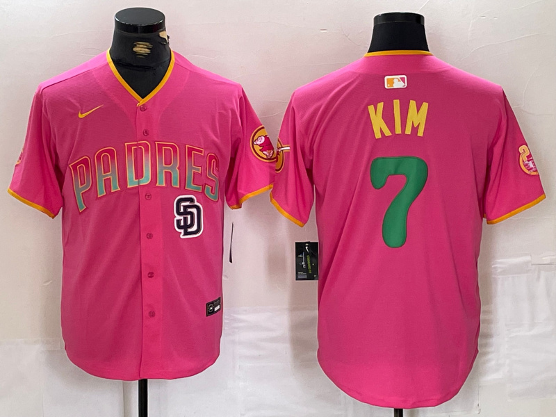 Men's San Diego Padres ##7 Ha-Seong Kim Pink Cool Base Stitched Baseball Jersey 1 Men's San Diego Padres ##7 Ha-Seong Kim Pink Cool Base Stitched Baseball Jersey 1