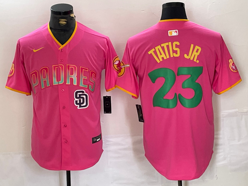 Men's San Diego Padres #23 Fernando Tatis Jr. Pink Cool Base Stitched Baseball Jersey 3 Men's San Diego Padres #23 Fernando Tatis Jr. Pink Cool Base Stitched Baseball Jersey 3