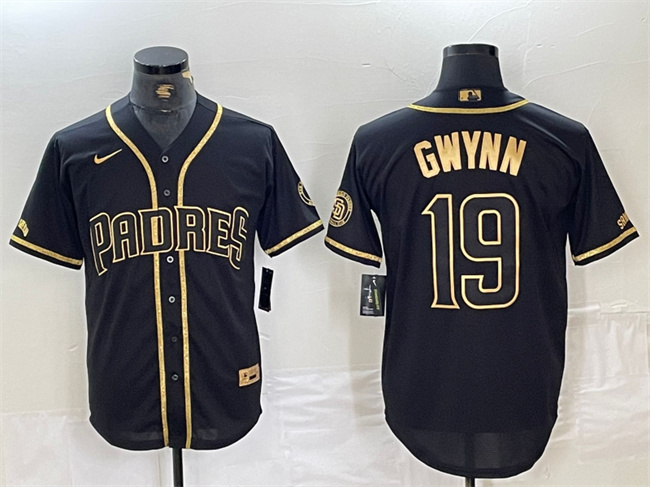 Men's San Diego Padres #19 Tony Gwynn Black Gold With Patch Cool Base Stitched Baseball Jersey Men's San Diego Padres #19 Tony Gwynn Black Gold With Patch Cool Base Stitched Baseball Jersey