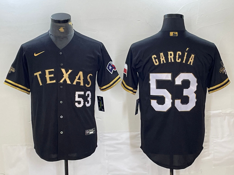 Men's Texas Rangers #53 Adolis Garcia Black Gold Cool Base Stitched Baseball Jersey Men's Texas Rangers #53 Adolis Garcia Black Gold Cool Base Stitched Baseball Jersey