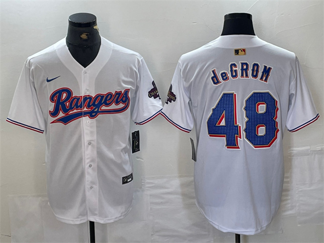 Men's Texas Rangers #48 Jacob DeGrom White Gold Cool Base Stitched Baseball Jersey Men's Texas Rangers #48 Jacob DeGrom White Gold Cool Base Stitched Baseball Jersey