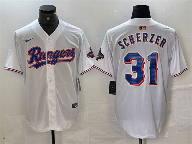 Men's Texas Rangers #31 Max Scherzer White Gold Cool Base Stitched Baseball Jersey Men's Texas Rangers #31 Max Scherzer White Gold Cool Base Stitched Baseball Jersey