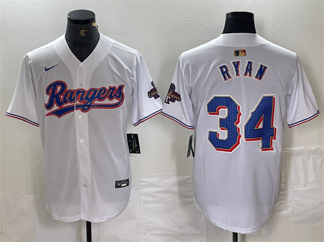Men's Texas Rangers #34 Nolan Ryan White Gold Cool Base Stitched Baseball Jersey Men's Texas Rangers #34 Nolan Ryan White Gold Cool Base Stitched Baseball Jersey