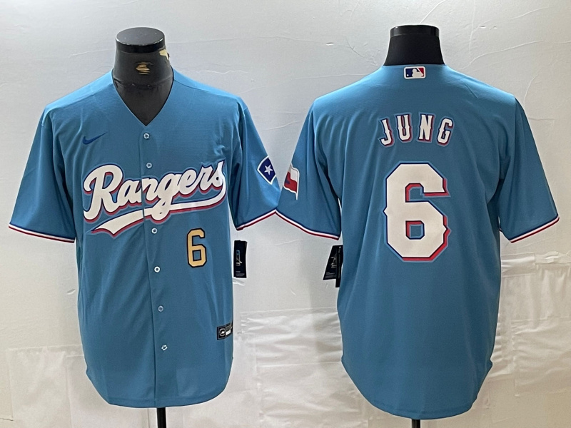 Men's Texas Rangers #6 Josh Jung Number Light Blue Team Logo Cool Base Jersey Men's Texas Rangers #6 Josh Jung Number Light Blue Team Logo Cool Base Jersey