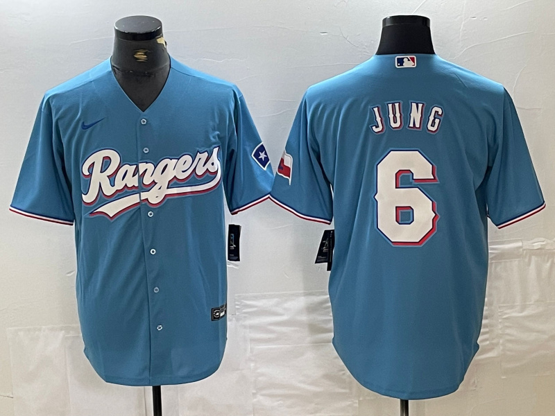 Men's Texas Rangers #6 Josh Jung Light Blue Team Logo Cool Base Jersey Men's Texas Rangers #6 Josh Jung Light Blue Team Logo Cool Base Jersey