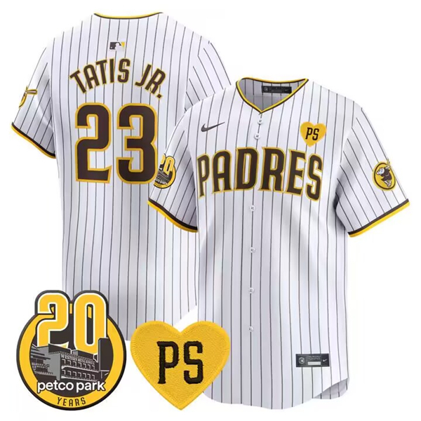 Men's San Diego Padres #23 Fernando Tatis Jr. White “For Peter” And Petco Park 20th Patch Limited Stitched Baseball Jersey Men's San Diego Padres #23 Fernando Tatis Jr. White “For Peter” And Petco Park 20th Patch Limited Stitched Baseball Jersey