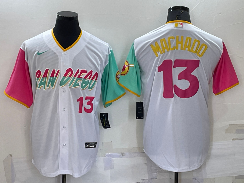 Men's San Diego Padres #13 Manny Machado 2022 White City Connect Cool Base Stitched Jersey Men's San Diego Padres #13 Manny Machado 2022 White City Connect Cool Base Stitched Jersey