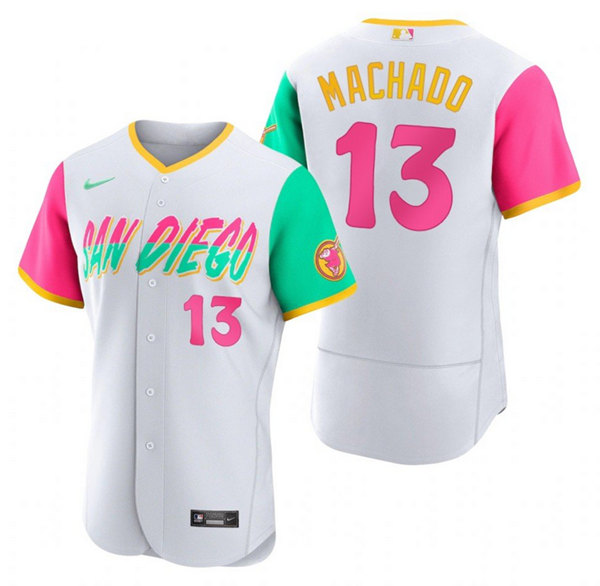 Men's San Diego Padres #13 Manny Machado 2022 White City Connect Flex Base Stitched Baseball Jersey Men's San Diego Padres #13 Manny Machado 2022 White City Connect Flex Base Stitched Baseball Jersey
