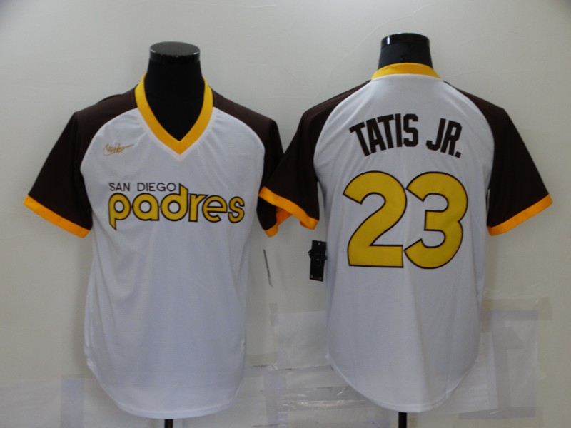 Men's San Diego Padres #23 Fernando Tatis Jr White Stitched MLB Cooperstown Cool Base Nike Jersey Men's San Diego Padres #23 Fernando Tatis Jr White Stitched MLB Cooperstown Cool Base Nike Jersey