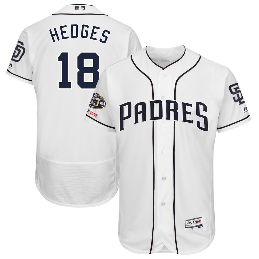 Padres 18 Austin Hedges White 50th Anniversary And 150th Patch FlexBase Jersey Padres 18 Austin Hedges White 50th Anniversary And 150th Patch FlexBase Jersey