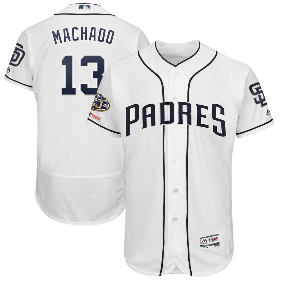 Padres 13 Manny Machado White 50th Anniversary And 150th Patch FlexBase Jersey Padres 13 Manny Machado White 50th Anniversary And 150th Patch FlexBase Jersey