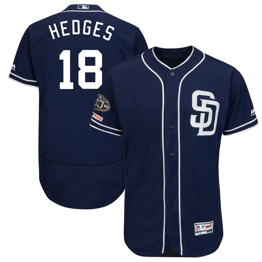 Padres 18 Austin Hedges Navy 50th Anniversary And 150th Patch FlexBase Jersey Padres 18 Austin Hedges Navy 50th Anniversary And 150th Patch FlexBase Jersey